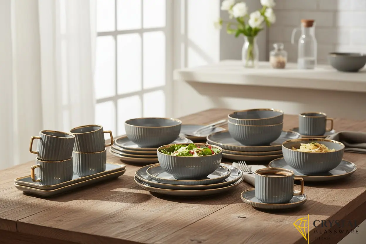 32-piece ceramic dinner set featuring a ribbed texture and gold trim